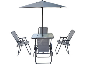 Convivia" metalen tuintafel en stoelen met parasol - 4 zits - Lichtgrijs