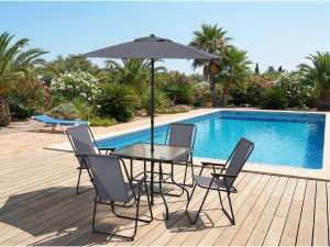 Metalen tuintafel en stoelen "Convivia" met parasol - 4 zits - Antracietgrijs 2