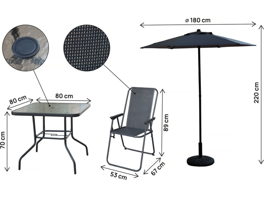 Metalen tuintafel en stoelen "Convivia" met parasol - 4 zits - Antracietgrijs