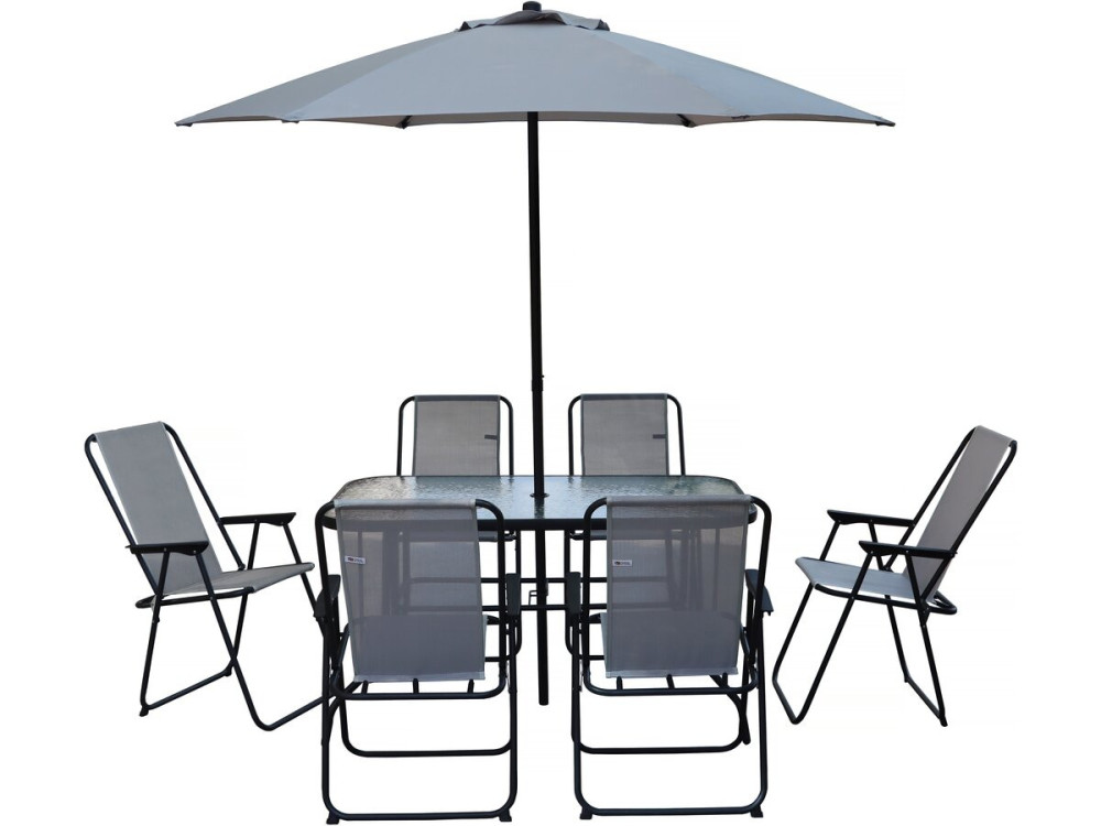 Convivia" metalen tuintafel en stoelen met parasol - 6 zits - Lichtgrijs