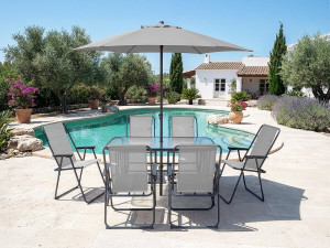 Convivia" metalen tuintafel en stoelen met parasol - 6 zits - Lichtgrijs 2