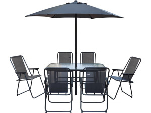 Metalen tuintafel en stoelen "Convivia" met parasol - 6 zits - Antracietgrijs