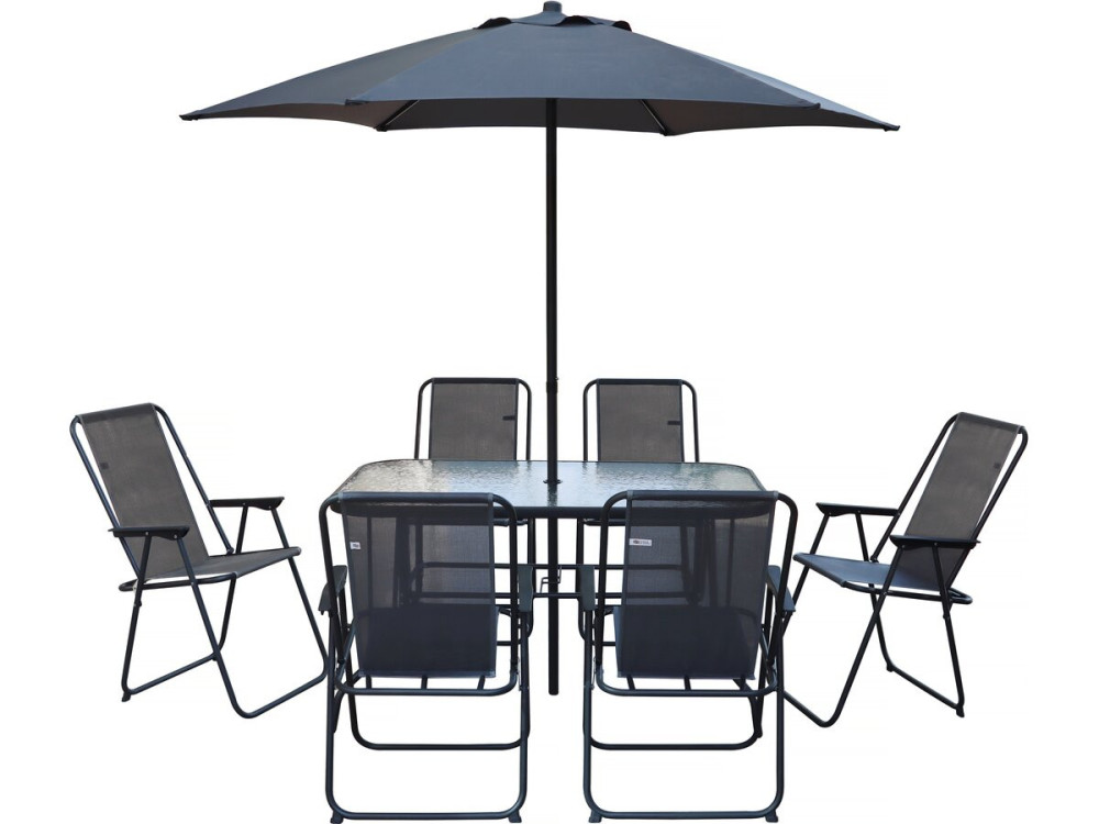 Metalen tuintafel en stoelen "Convivia" met parasol - 6 zits - Antracietgrijs