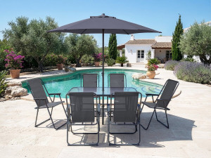 Metalen tuintafel en stoelen "Convivia" met parasol - 6 zits - Antracietgrijs 2