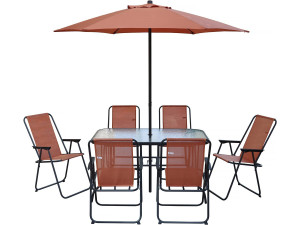 Convivia" metalen tuintafel en stoelen met parasol - 6 zits - Terracotta