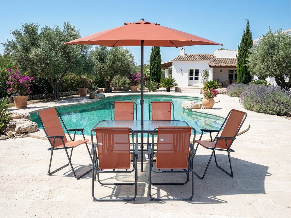 Convivia" metalen tuintafel en stoelen met parasol - 6 zits - Terracotta