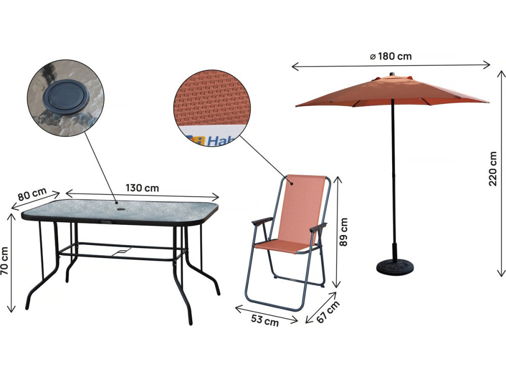 Convivia" metalen tuintafel en stoelen met parasol - 6 zits - Terracotta