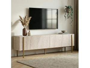Houten TV-meubel Nexus" - 180 x 30 x 45 cm - Travertin / Goud 2