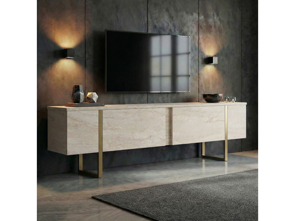Onera" houten TV-meubel - 180 x 30 x 50 cm - Travertin / Goud