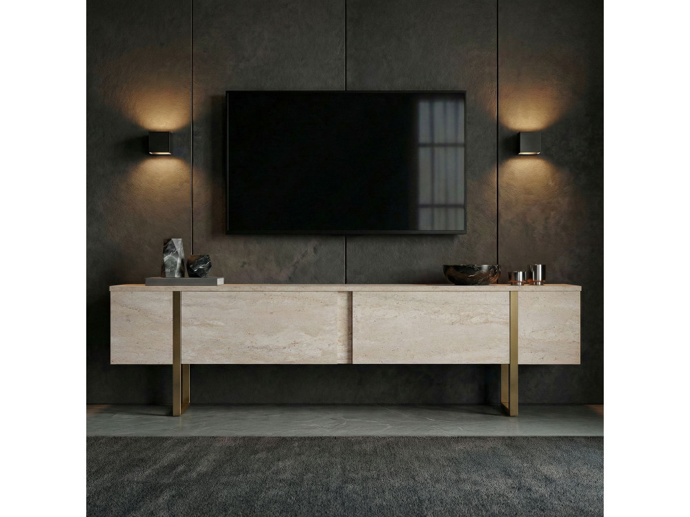 Onera" houten TV-meubel - 180 x 30 x 50 cm - Travertin / Goud
