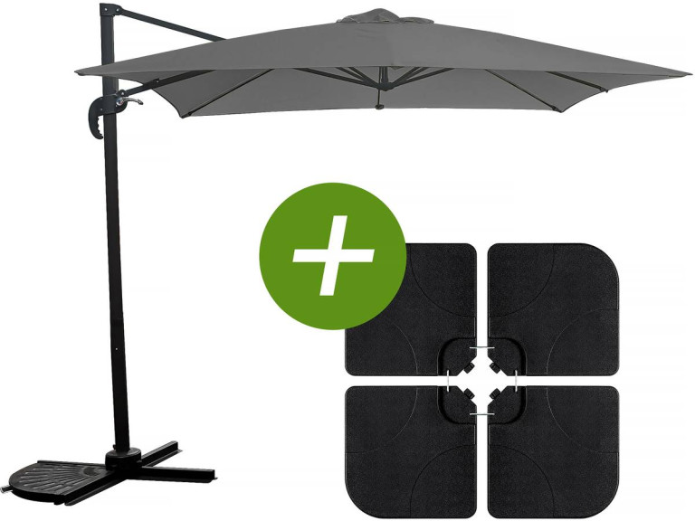 Parasol vrijhangend tuin zweefparasol "Soleil" - Vierkant - 2,5 x 2,5 m - Grijs + inclusief parasolvoet tegel / parasoltegels