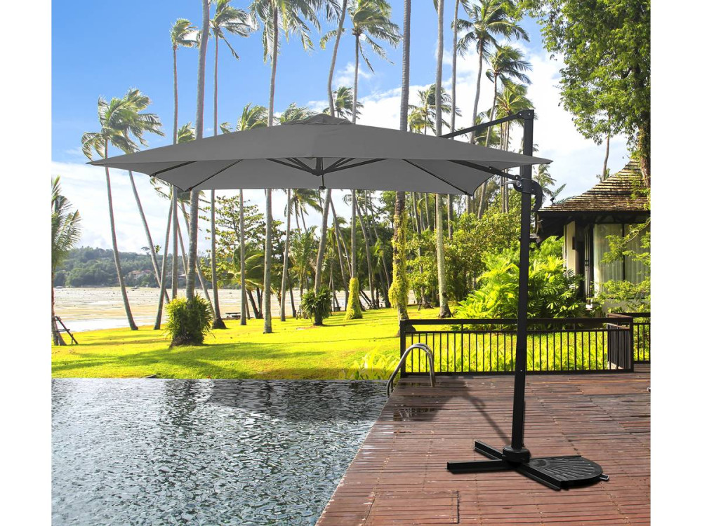 Parasol vrijhangend tuin zweefparasol "Soleil" - Vierkant - 2,5 x 2,5 m - Grijs + inclusief parasolvoet tegel / parasoltegels