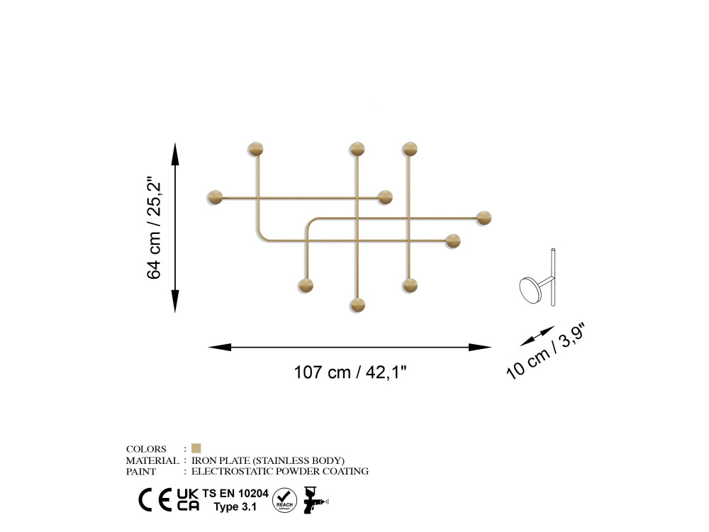 Metalen wandhaak "Samara" - 107 x 10 x 64 cm - Goud