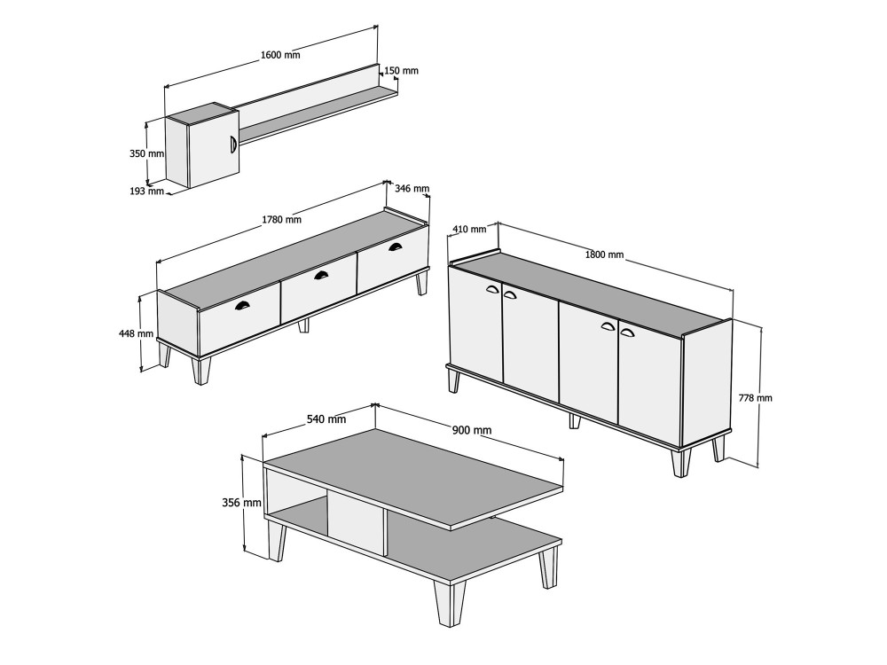 Houten loungemeubelset "Sumer" - 180 x 41 x 77 cm - Wit
