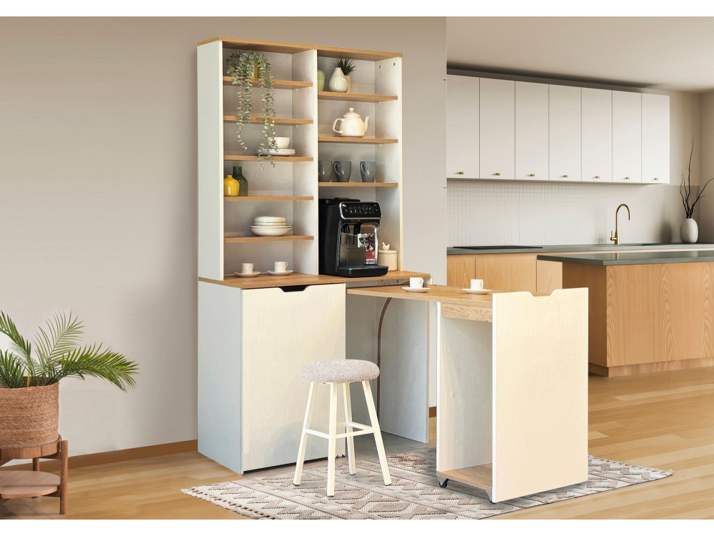 Flexa" houten vitrinekast en krukjes - 100 x 45 x 190 cm - Crème
