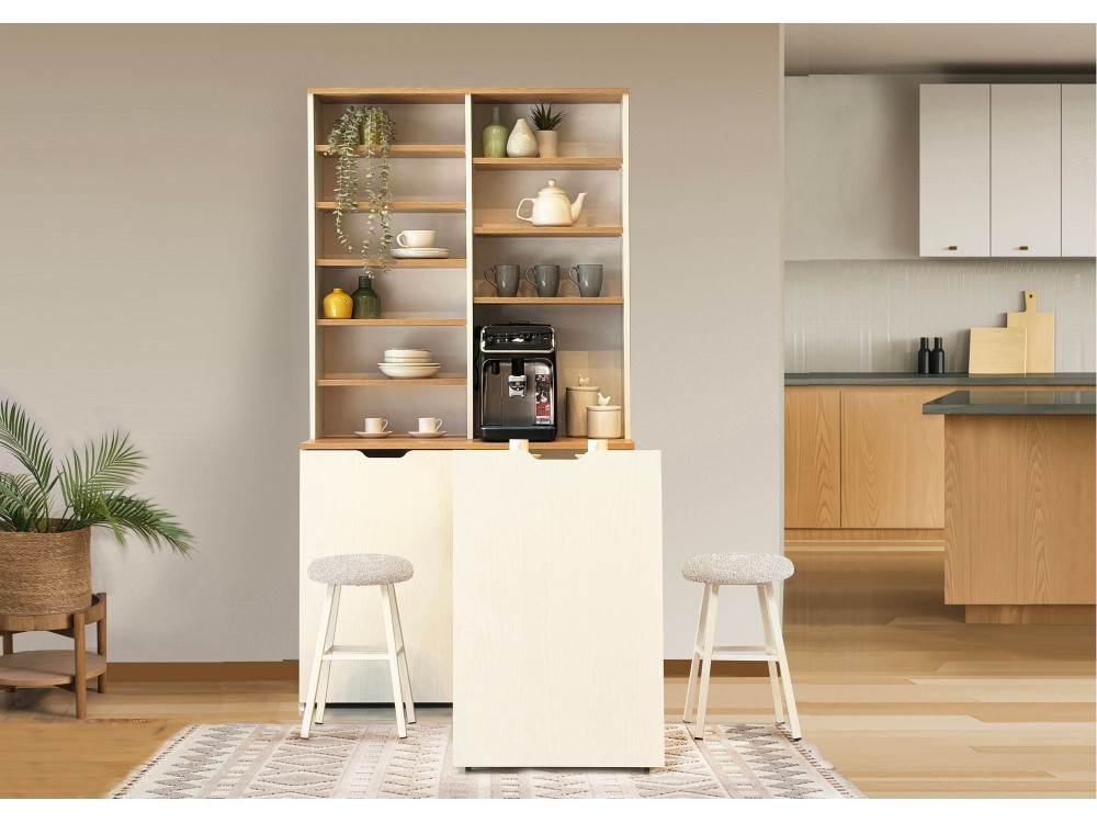 Flexa" houten vitrinekast en krukjes - 100 x 45 x 190 cm - Crème