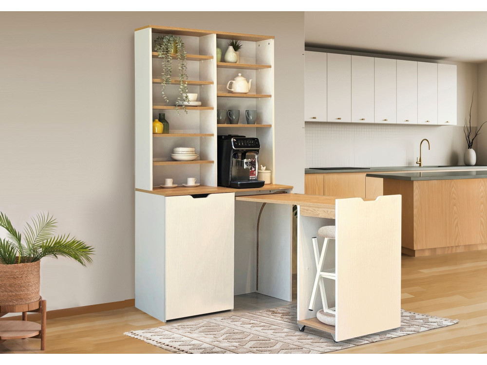 Flexa" houten vitrinekast en krukjes - 100 x 45 x 190 cm - Crème