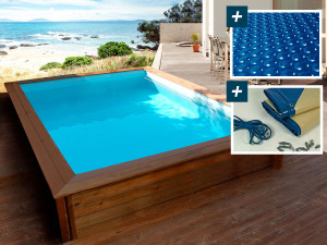 Rechthoekig houten zwembad "Toledo" - 3,00 x 2,00 x 0,71 m - 180 µ bellenafdekking - 280 g/m² winterafdekking