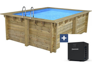 Rechthoekig houten zwembad "Caimans 140" - 4,10 x 3,00 x 1,39 m + Mini warmtepomp 3,5 kW - Metaal - Grijs
