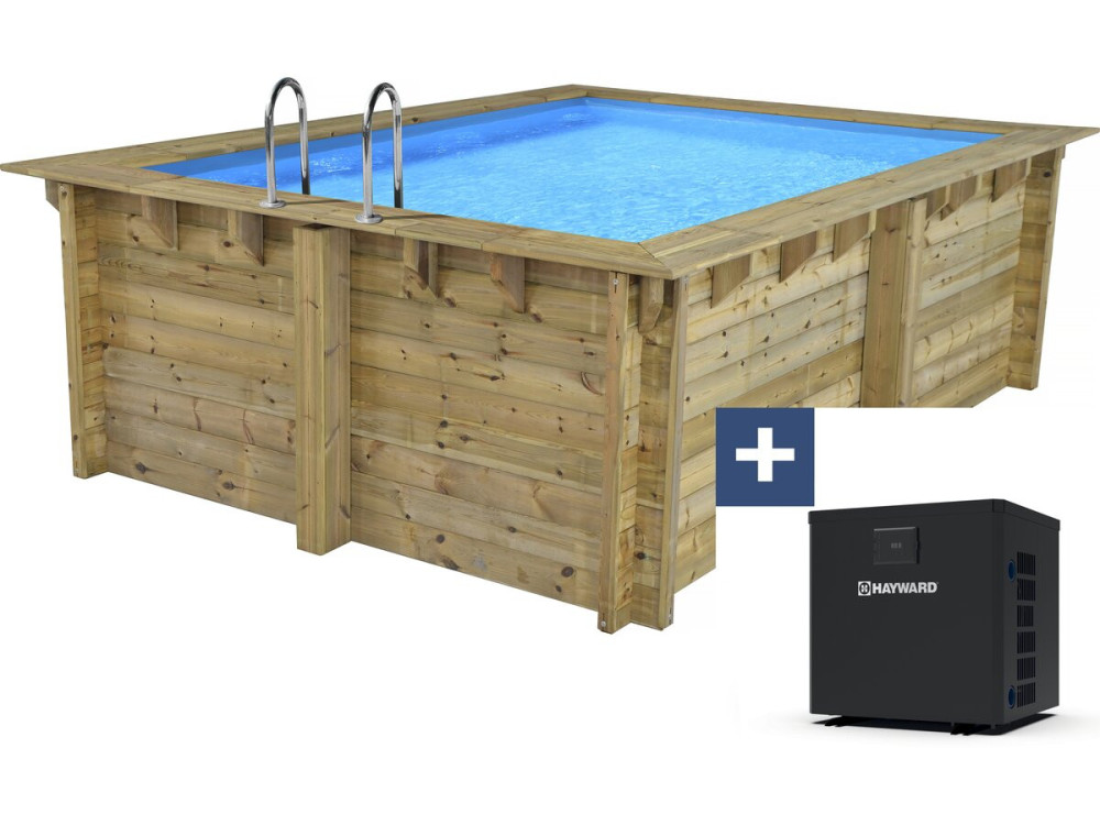 Rechthoekig houten zwembad "Caimans 140" - 4,10 x 3,00 x 1,39 m + Mini warmtepomp 3,5 kW - Metaal - Grijs