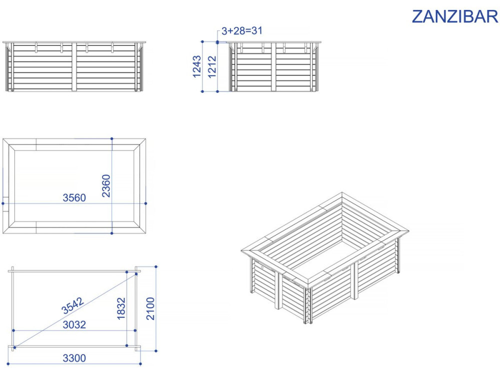 Rechthoekig houten zwembad "Zanzibar" - 3,50 x 2,30 x 1,24 m + 3,5 kw/h warmtepomp