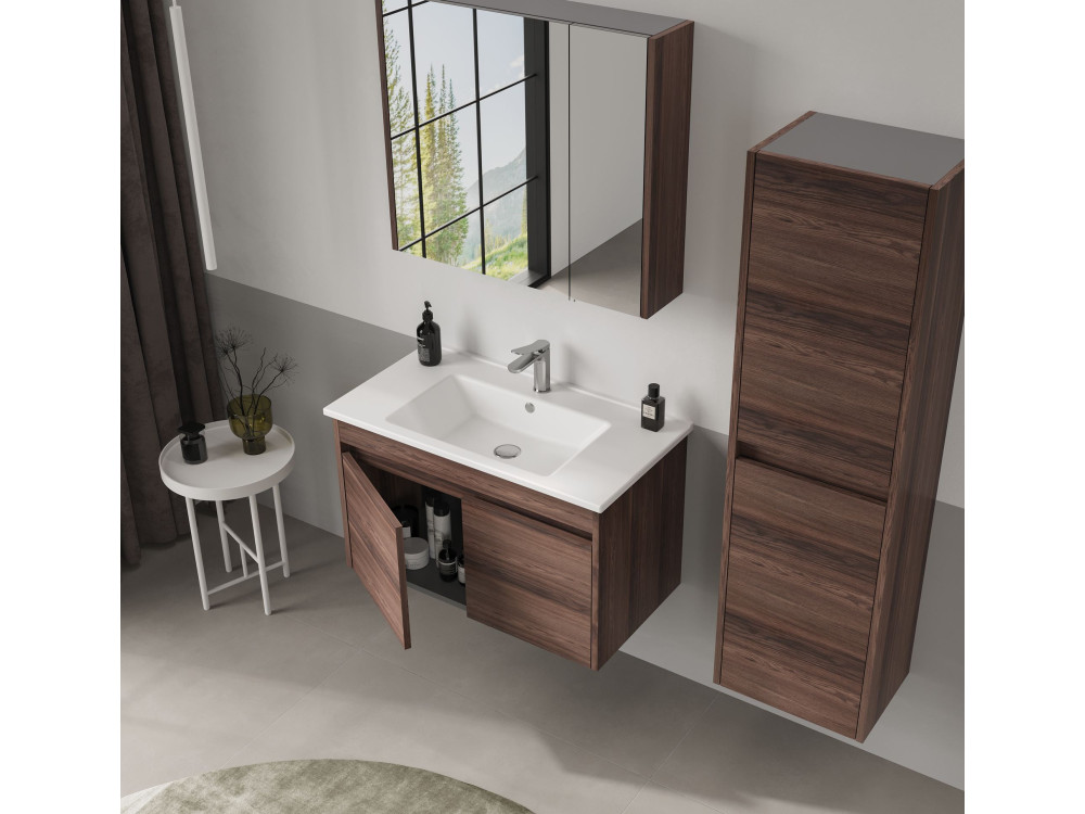 Badkamermeubel met spiegel "Side 80" - 79 x 16 x 66 cm - Dark Walnut