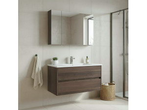 Wastafelmeubel met spiegel (2-delig) "Side 100 v3" - 100 x 16 x 52 cm - Walnoot 2