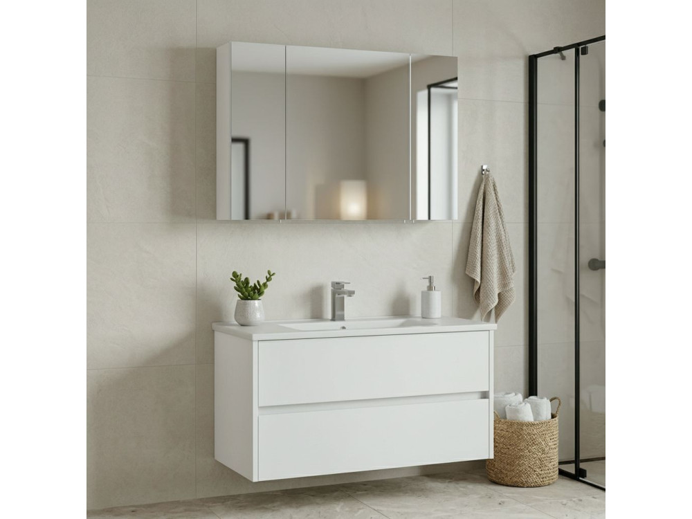 Wastafelmeubel met spiegel (2-delig) "Side 100 v3" - 100 x 16 x 52 cm - Matwit