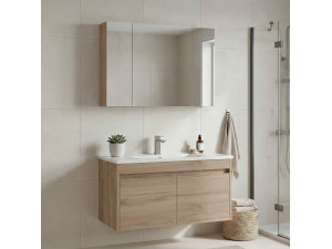 Wastafelmeubel met spiegel (2-delig) "Side 100 v3" - 100 x 45 x 52 cm - Eiken 2