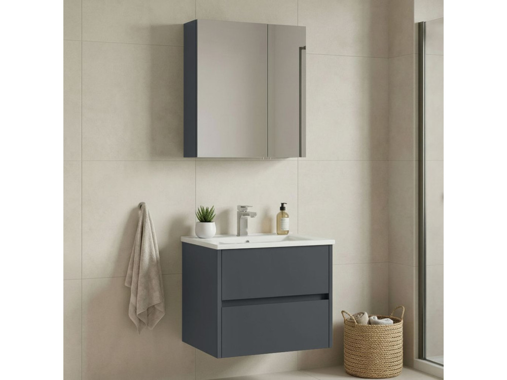 Wastafelmeubel met spiegel (2-delig) "Side 65 v2" - 65 x 45 x 52 cm - Mat antraciet