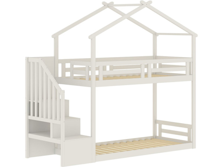 Stapelbed in boomhutstijl met houten trap „Oriana“ - 90 x 190 cm - Beige