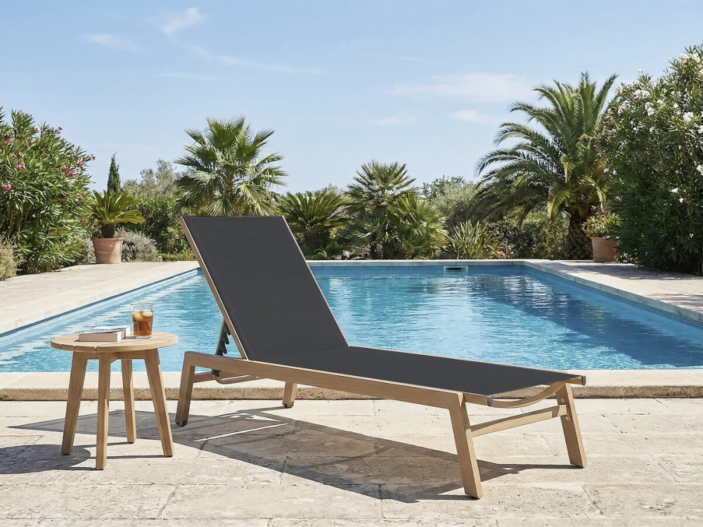 Elysia" aluminium ligstoel met houteffect - Zwart