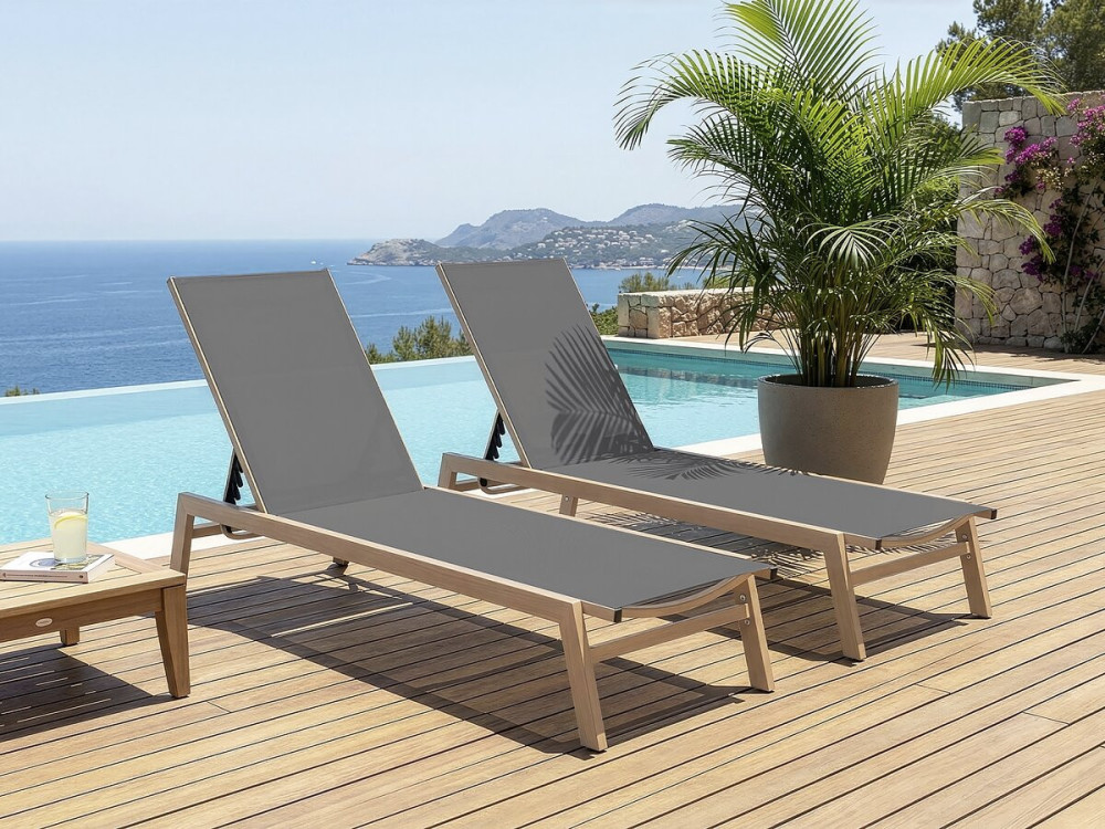 Set van 2 "Elysia" aluminium ligstoelen met imitatiehout - Grijs