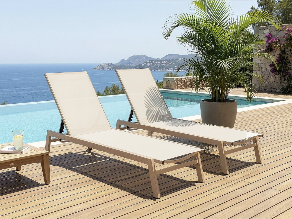Set van 2 "Elysia" aluminium ligstoelen met imitatiehout - Ecru