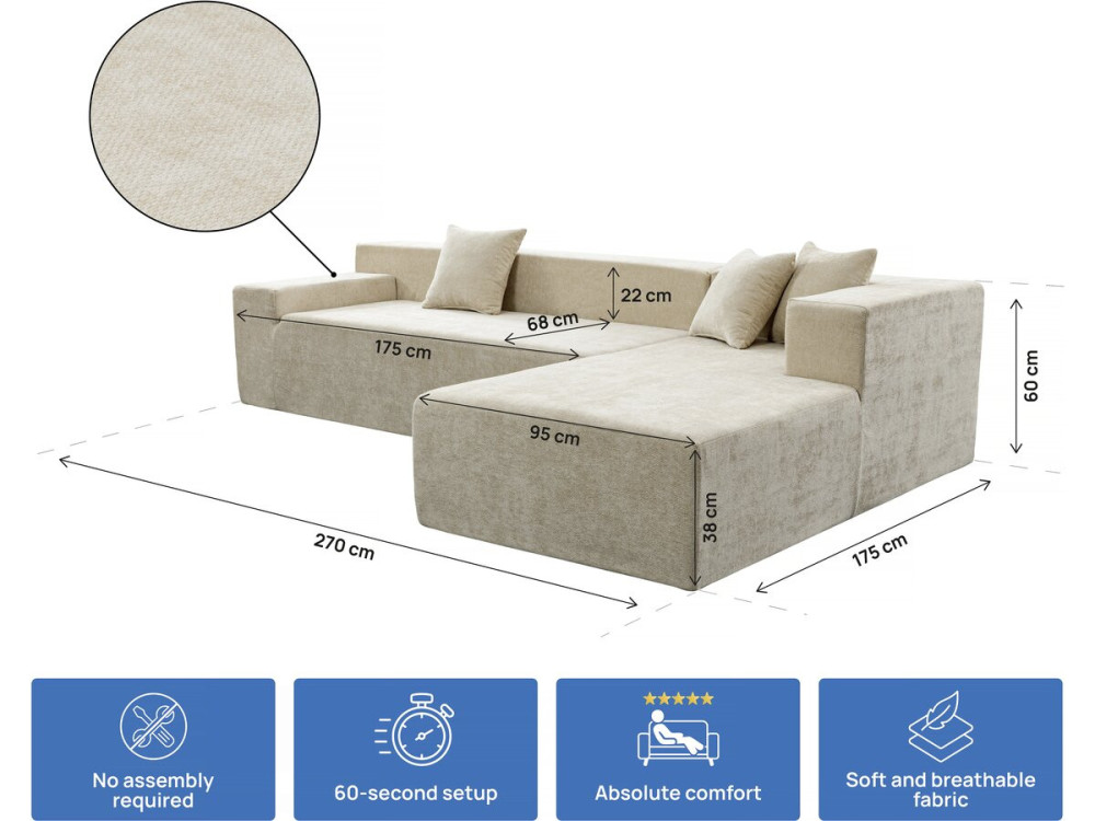 "Tessaro" hoekbank met structuurstof - 4-zits - Beige