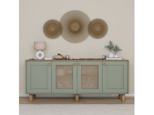 Bohemian" dressoir van hout en riet - 180 x 40 x 75 cm - Groen 2