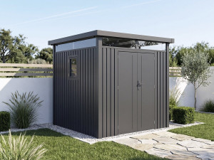 Premium metalen tuinhuisje met plat dak en klapdeur "Lexinton" - 5,29 m² - Grijs 2