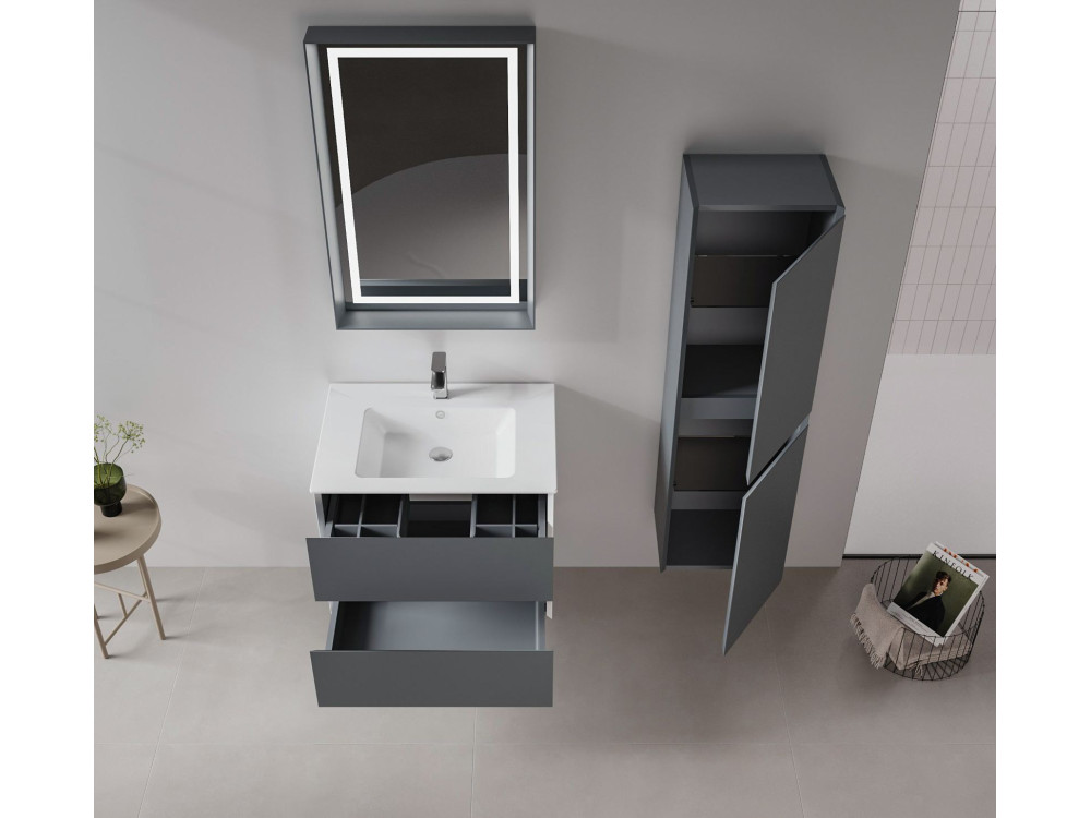 Wastafelmeubel met spiegel (2-delig) "Nest 71 v2" - 71 x 51 x 55 cm - Mat antraciet