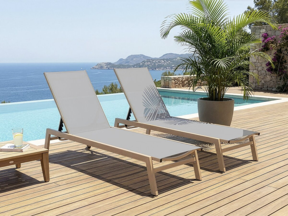 Set van 2 "Elysia" houtlook aluminium ligstoelen - Lichtgrijs