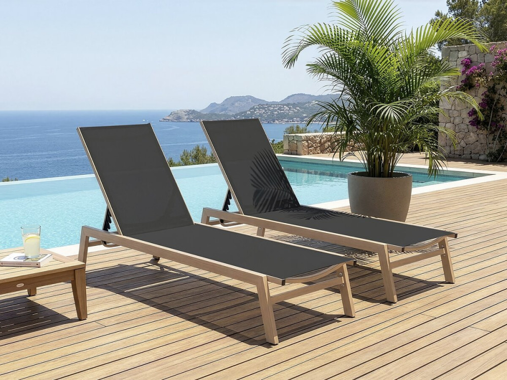 Set van 2 "Elysia" aluminium ligstoelen met imitatiehout - Zwart
