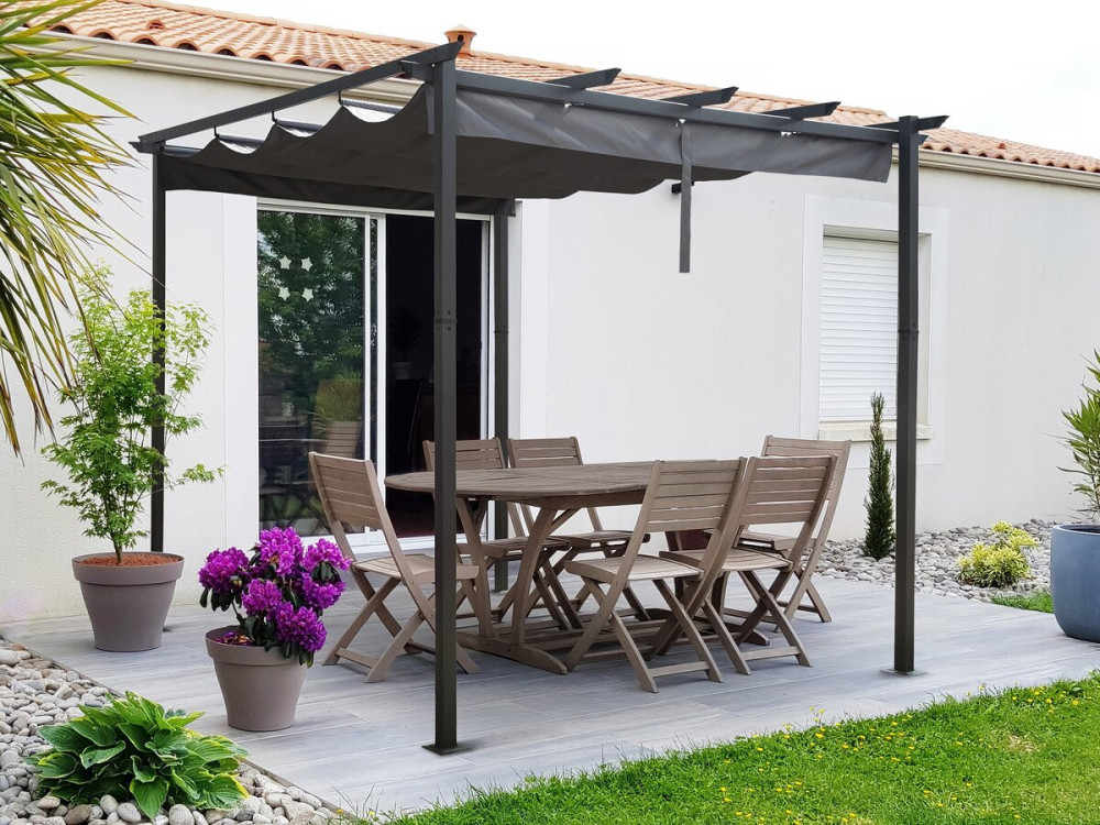 Pergola terrasoverkapping aluminium harmonicadoek schaduwdoek zonwering verstelbaar  - 3 x 4 m - Grijs