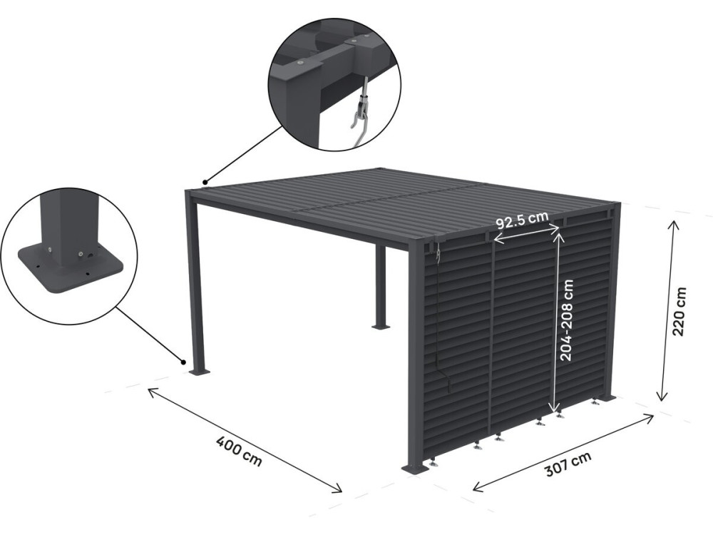 Bioclimatische pergola "Howard" met 3 gegalvaniseerde stalen lamellen - 3 x 4 m - Grijs