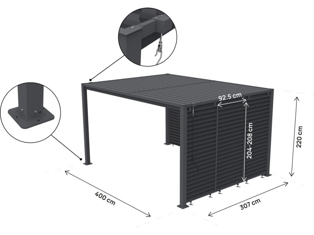 Bioclimatische pergola "Howard" met 7 gegalvaniseerde stalen lamellen - 3 x 4 m - Grijs