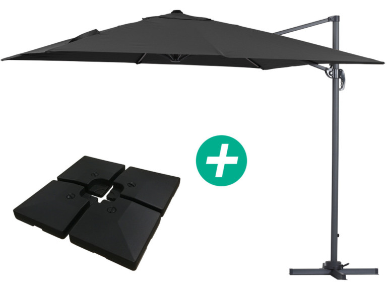 Parasol vrijhangend tuin zweefparasol Aluminium "Sun 3" - Vierkant - 3 x 3 m - Zwart - Inclusief parasolvoet tegel / parasoltege