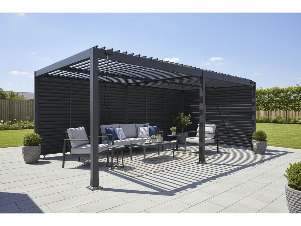 Bioklimatische pergola met 9 aluminium lamellen „Kensington“ – 3 x 6 m – Grijs