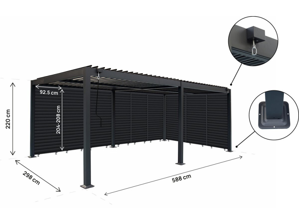 Bioklimatische pergola met 9 aluminium lamellen „Kensington“ – 3 x 6 m – Grijs