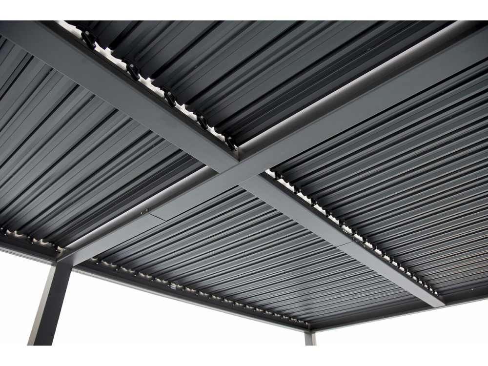 Bioklimatische pergola met 9 aluminium lamellen „Kensington“ – 3 x 6 m – Grijs