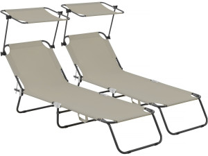 Ligbed set 2 ligstoelen inklapbaar "Lazy" - Met zonnescherm luifel - Taupe - grijs bruin