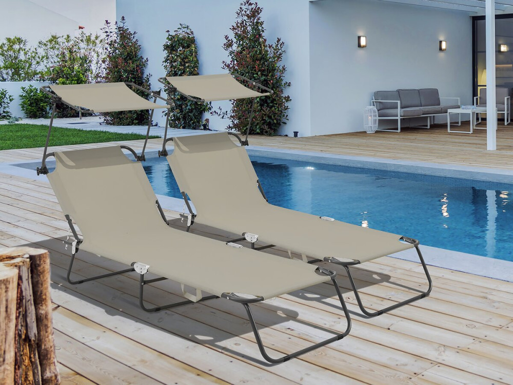 Ligbed set 2 ligstoelen inklapbaar "Lazy" - Met zonnescherm luifel - Taupe - grijs bruin
