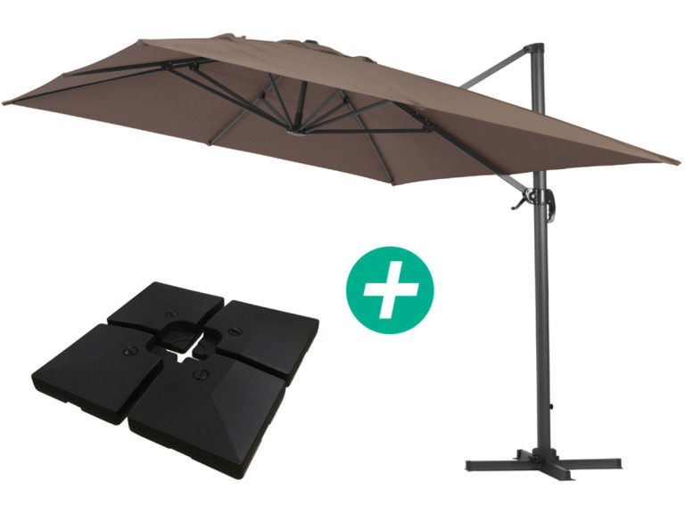 Parasol vrijhangend tuin zweefparasol Aluminium "Sun 4" - Rechthoekig - 3 x 4 m - Taupe - grijs bruin - Inclusief parasolvoet te
